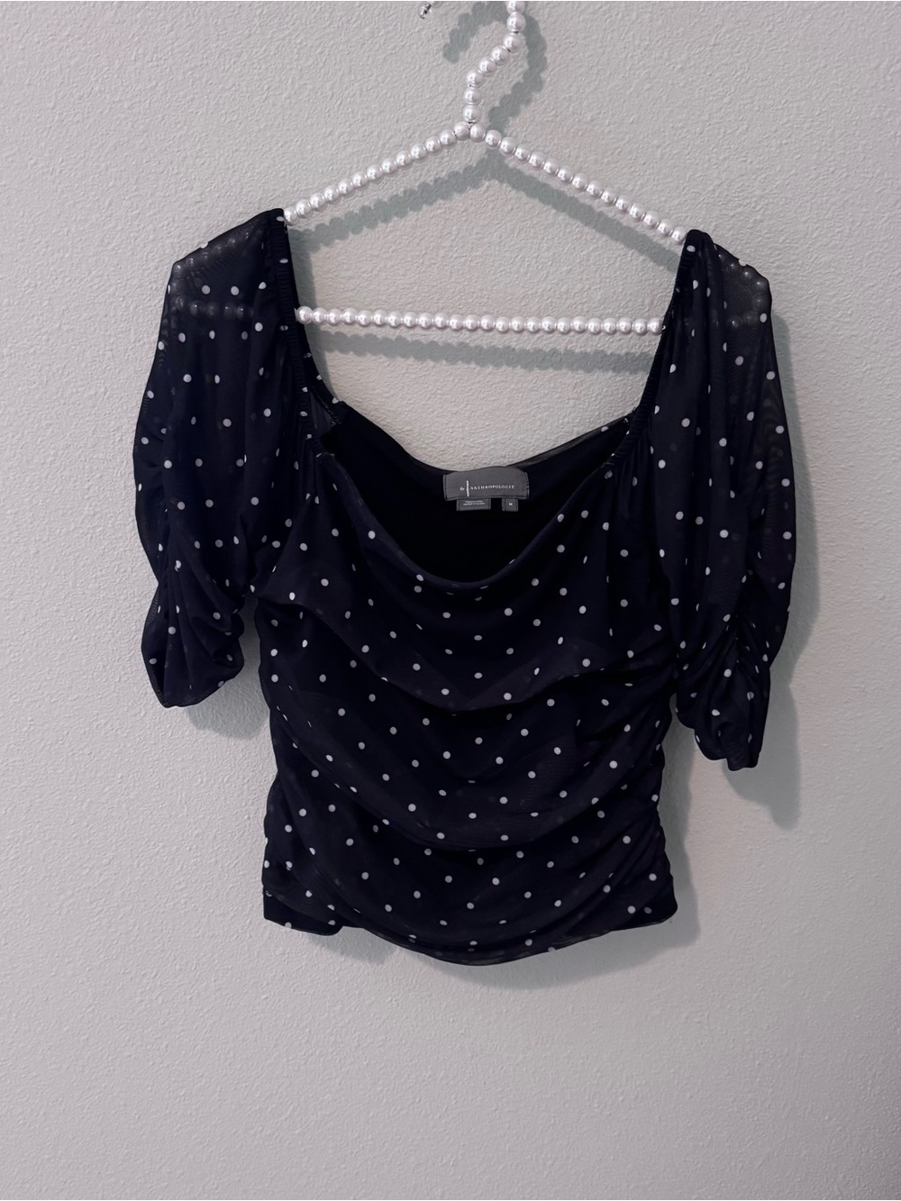 Anthropologie Black Polka Dot Cowl Neck Puff Sleeve Blouse